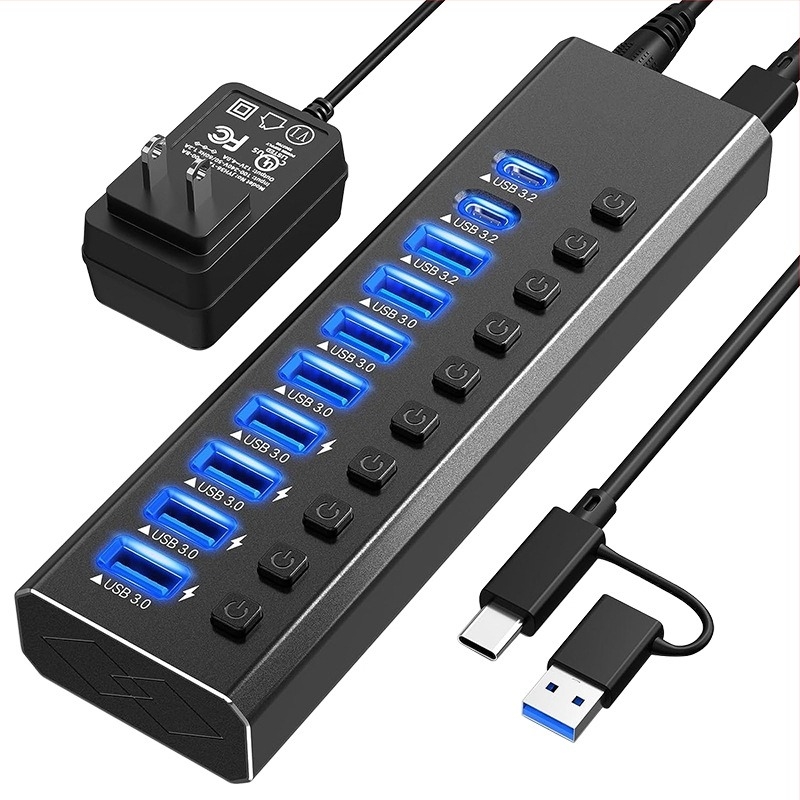 USB 3.0 10-portos dokkolóállomás külső tápegységgel, 5 Gbps átviteli sebesség, 1 m kábellel