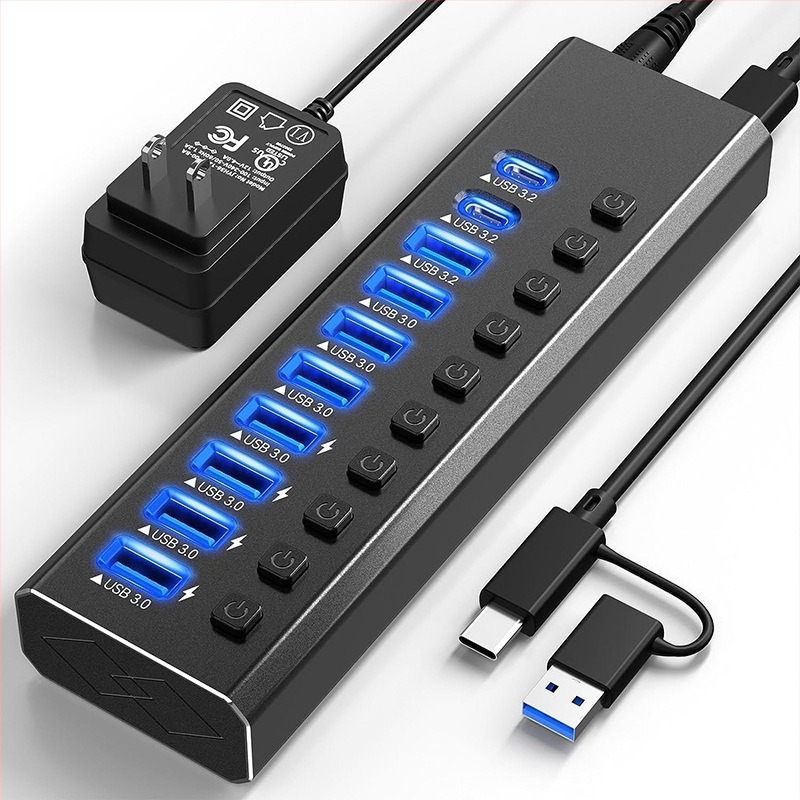 USB 3.0 10-portos dokkolóállomás külső tápegységgel, 5 Gbps átviteli sebesség, 1 m kábellel