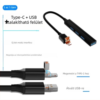 USB-C hub dokkoló állomás, 4-portos bővítés, 4 az 1-ben, 11 cm kábel, külső tápegítés nélkül