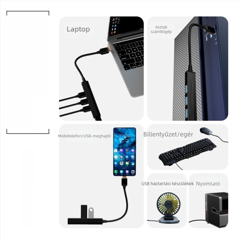 USB-C hub dokkoló állomás, 4-portos bővítés, 4 az 1-ben, 11 cm kábel, külső tápegítés nélkül