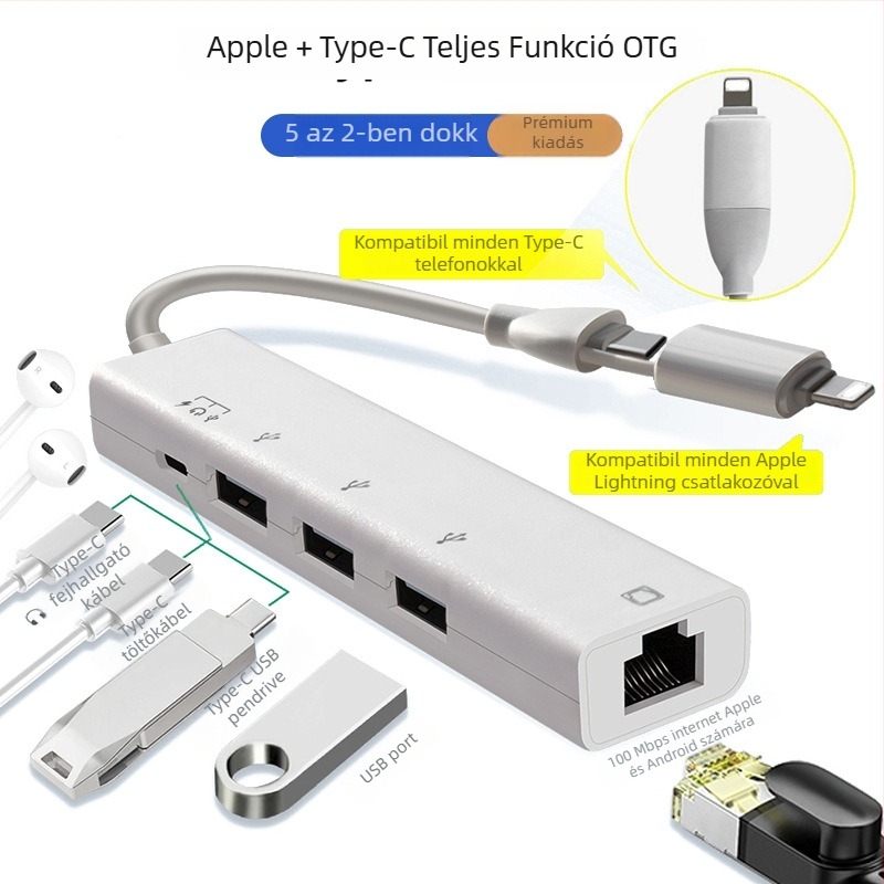 Hengweiyi HWY180 USB 2.0 OTG dokkoló hub 1,2 m kábellel, Ethernet 10/100 Mbps, külső tápegység