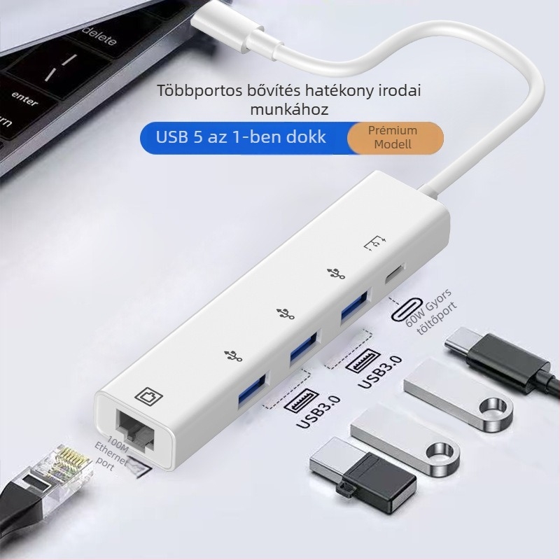 Hengweiyi HWY180 USB 2.0 OTG dokkoló hub 1,2 m kábellel, Ethernet 10/100 Mbps, külső tápegység