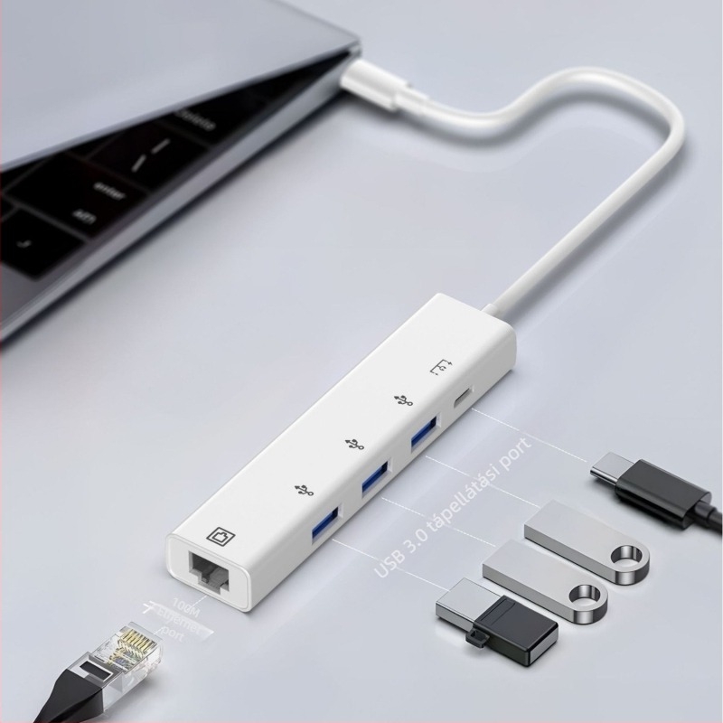 Hengweiyi HWY180 USB 2.0 OTG dokkoló hub 1,2 m kábellel, Ethernet 10/100 Mbps, külső tápegység