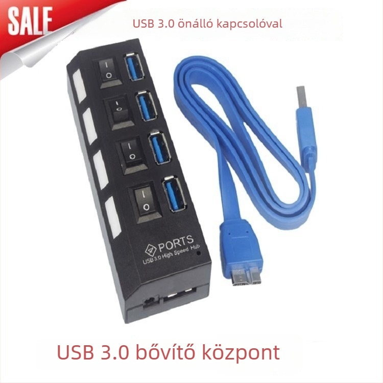USB 3.0 hub 7-portos, táplált, független kapcsolókkal, 5 Gbps