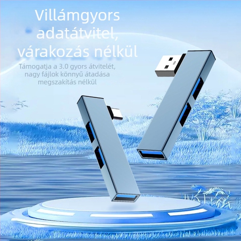 USB 3.0 szögletes dokkoló hub, 3-portos osztó, 6,6 cm kábel, ötvözet test, 10 Gbps