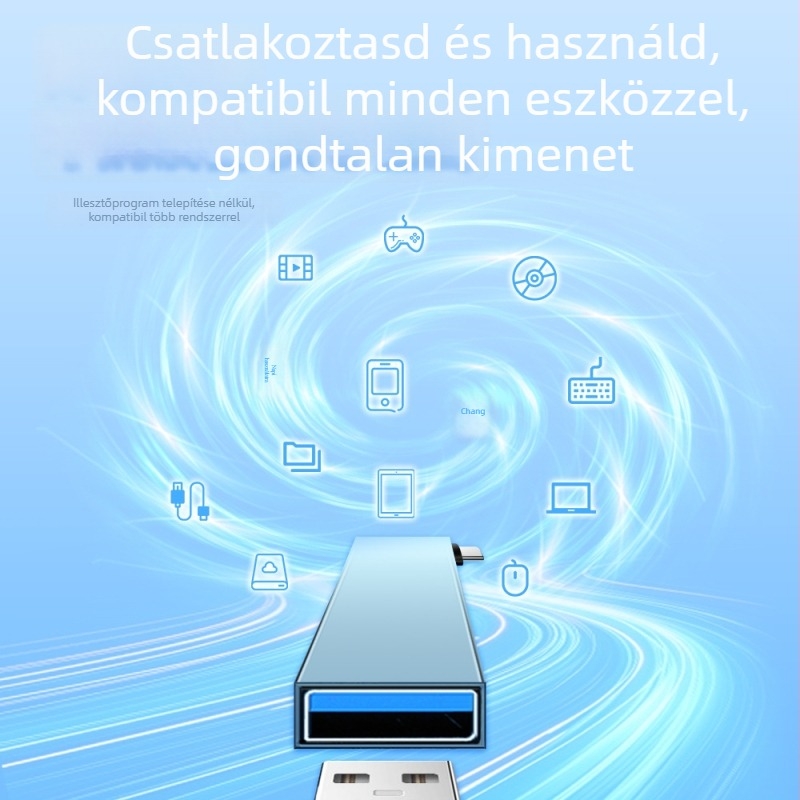 USB 3.0 szögletes dokkoló hub, 3-portos osztó, 6,6 cm kábel, ötvözet test, 10 Gbps