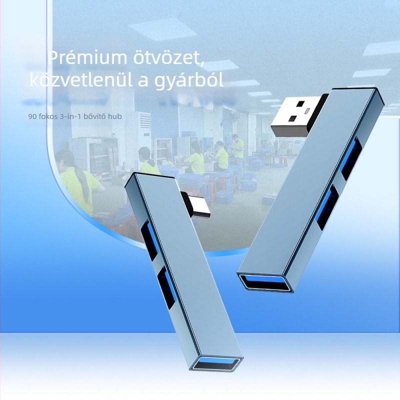 USB 3.0 szögletes dokkoló hub, 3-portos osztó, 6,6 cm kábel, ötvözet test, 10 Gbps