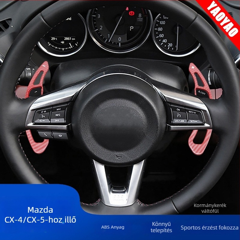 Mazda Atenza/Axela/CX-4/MX-5 kormánykerék váltófülei; ABS anyag és víztranszfer nyomtatás; tömeg 100 g; logó nélkül.
