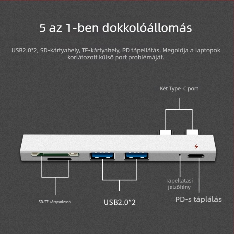 XSOON XS819 Type-C dokkoló állomás, 5-in-1, USB 2.0, busz-ellátás nélkül, 0,1 m kábel