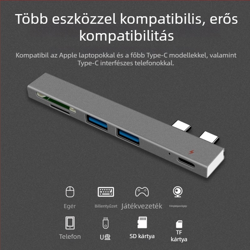 XSOON XS819 Type-C dokkoló állomás, 5-in-1, USB 2.0, busz-ellátás nélkül, 0,1 m kábel