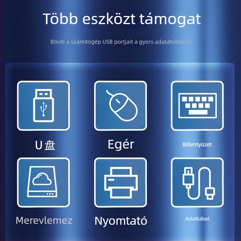 USB 2.0 hub 1–2 porttal egérhez és billentyűzethez, külső tápegységgel, gyors adatátvitel
