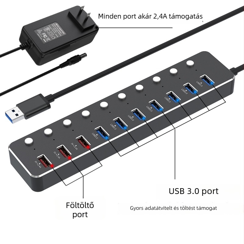 USB 3.0 10-portos hub független kapcsolóval, alumínium ötvözet ház, külső tápegység nélküli, 60 cm kábel