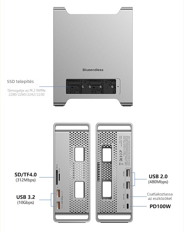 Mac mini állvány bővítő dokkal NVMe SSD-ház, USB 3.2 Type-C, MAC905, 10 Gbps átviteli sebesség