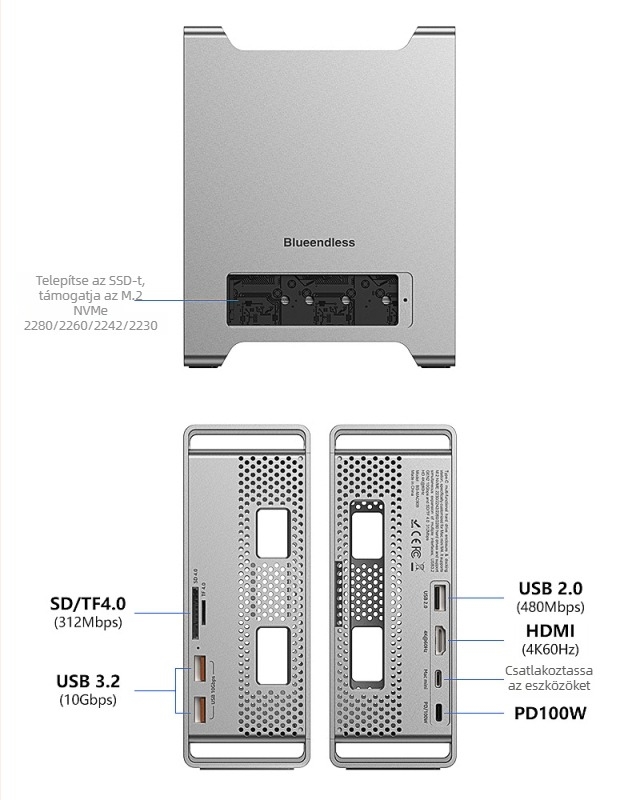 Mac mini állvány bővítő dokkal NVMe SSD-ház, USB 3.2 Type-C, MAC905, 10 Gbps átviteli sebesség