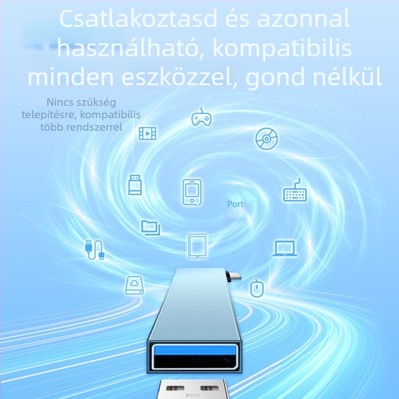 Type-C dokkolóállomás, 90° elforgató hub splitter, USB 3.0, fém ház, 1–3 port, kábel hossza 6,6 mm