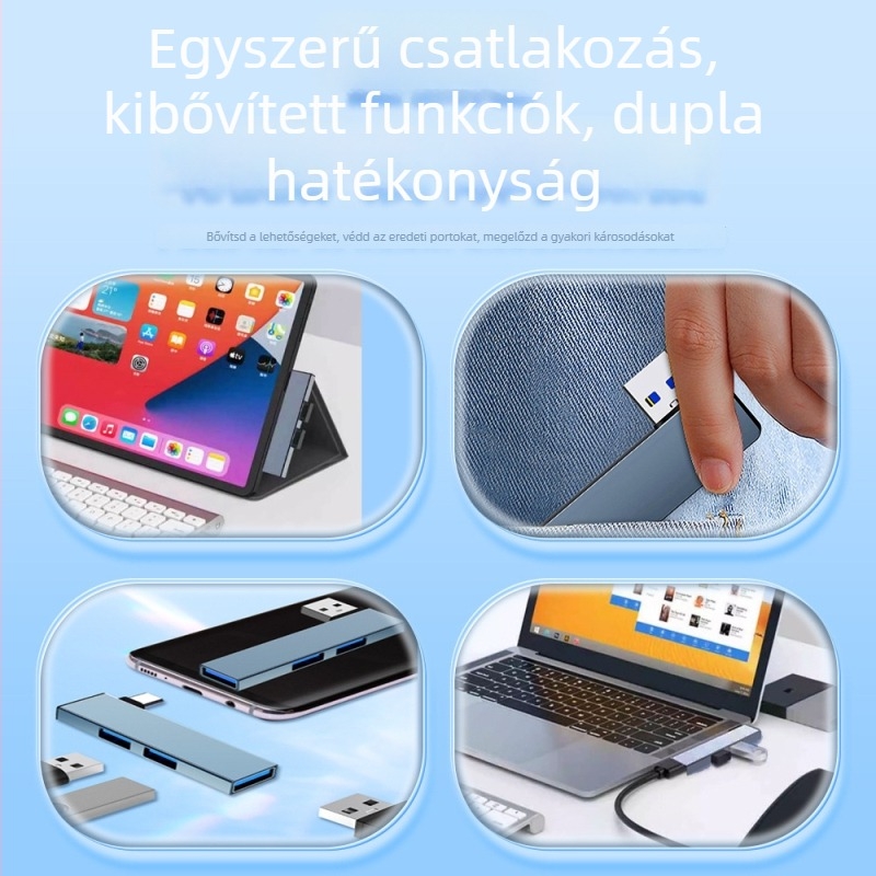 Type-C dokkolóállomás, 90° elforgató hub splitter, USB 3.0, fém ház, 1–3 port, kábel hossza 6,6 mm
