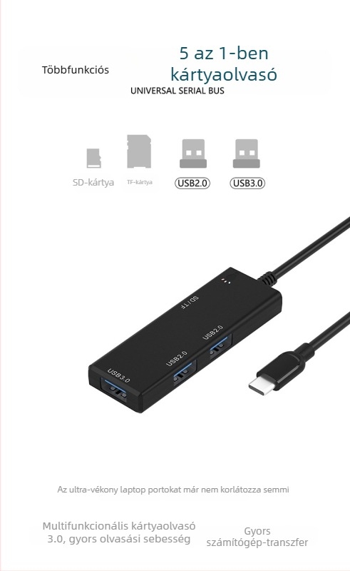 USB Type-C dokkoló hub, 4-portos USB 3.0 bővítő, 5Gbps, külső tápellátás nélkül