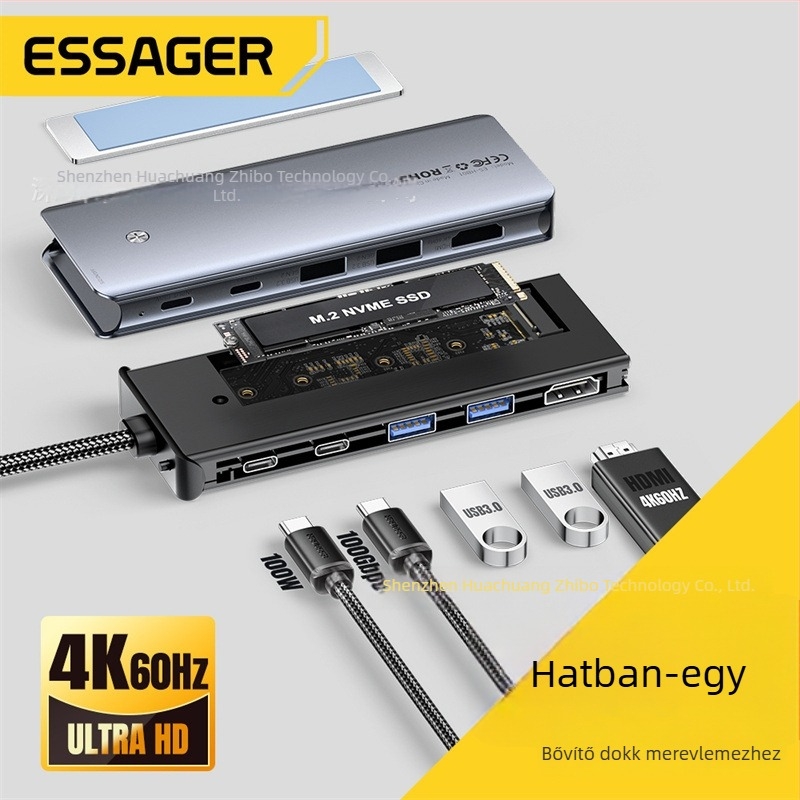 ESSAGER ES-HB01 M.2 dokkoló állomás USB-C hubbal, beépített M.2 SSD tok, külső áramellátás nélkül, 10 Gbps