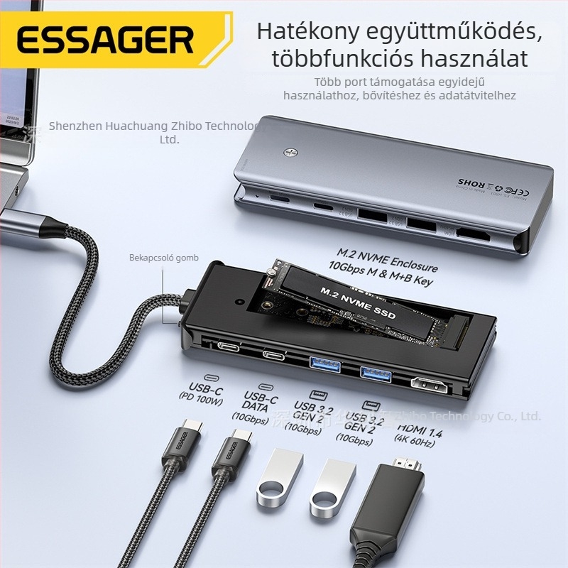 ESSAGER ES-HB01 M.2 dokkoló állomás USB-C hubbal, beépített M.2 SSD tok, külső áramellátás nélkül, 10 Gbps