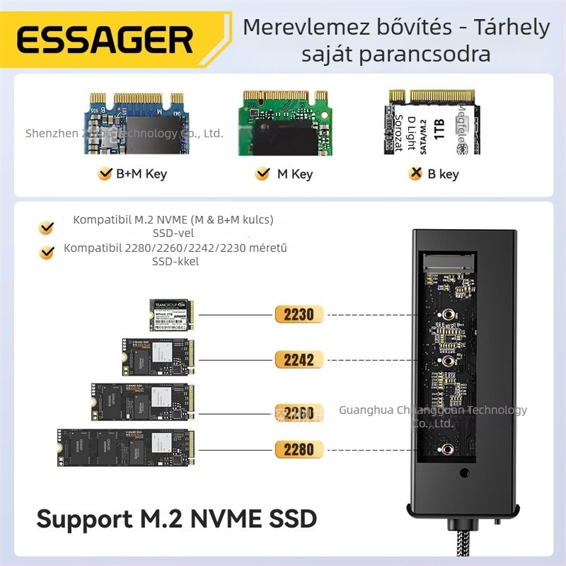 ESSAGER ES-HB01 M.2 dokkoló állomás USB-C hubbal, beépített M.2 SSD tok, külső áramellátás nélkül, 10 Gbps