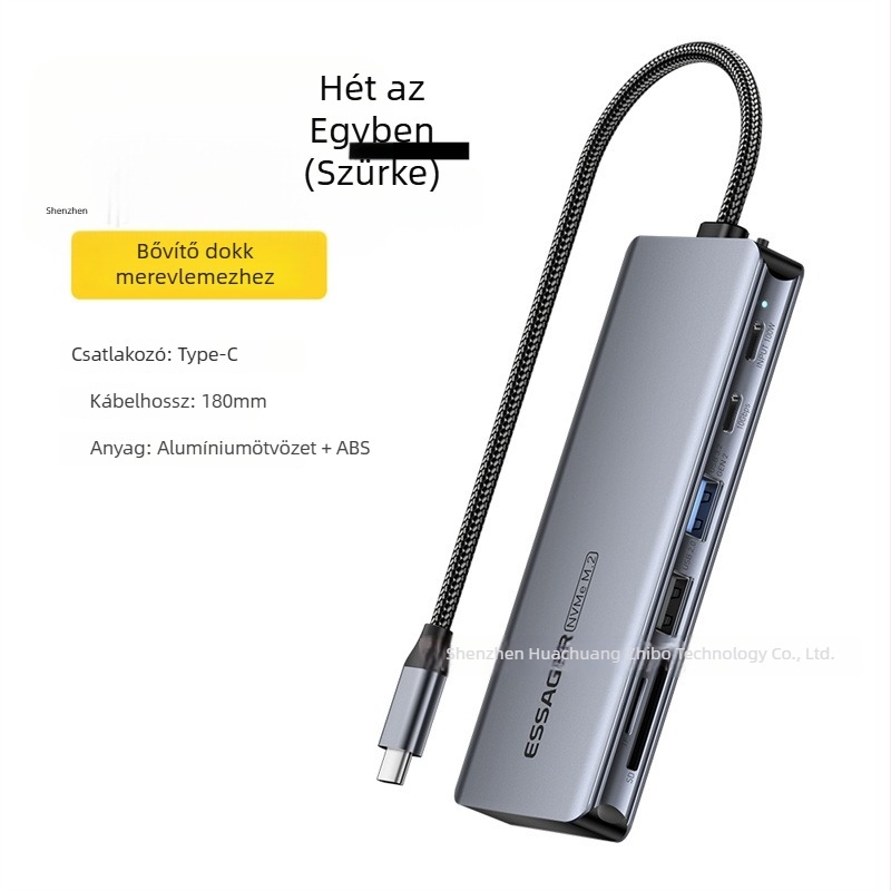 ESSAGER ES-HB01 M.2 dokkoló állomás USB-C hubbal, beépített M.2 SSD tok, külső áramellátás nélkül, 10 Gbps