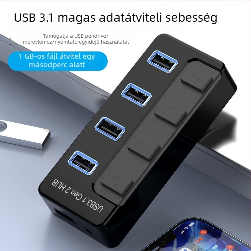 Miyitong G4 USB 3.2 Gen2 hub 1–4 porttal, 10 Gbps, külső tápegység