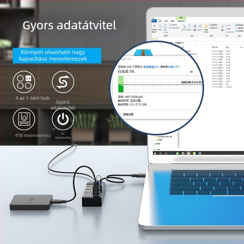 Miyitong G4 USB 3.2 Gen2 hub 1–4 porttal, 10 Gbps, külső tápegység
