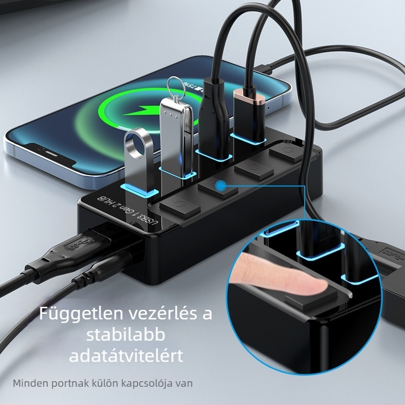 Miyitong G4 USB 3.2 Gen2 hub 1–4 porttal, 10 Gbps, külső tápegység