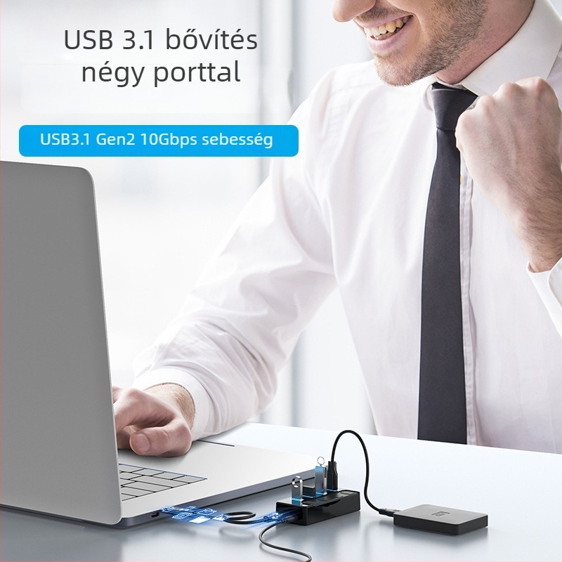 Miyitong G4 USB 3.2 Gen2 hub 1–4 porttal, 10 Gbps, külső tápegység
