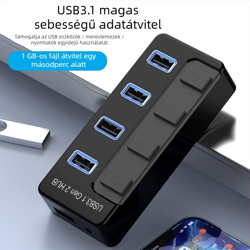 Miyitong G4 USB 3.2 Gen2 hub 1–4 porttal, 10 Gbps, külső tápegység