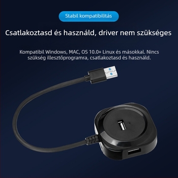 USB 2.0 asztali dokkoló, 4 porttal, 5 Gbps adatátvitel, 20 cm kábel, tápellátás USB-n keresztül