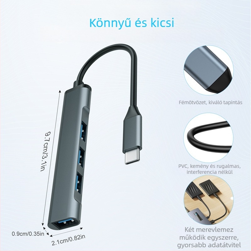 USB 3.0 4-portos hub, tápellátás nélkül, 9 cm kábel, 5 Gbps
