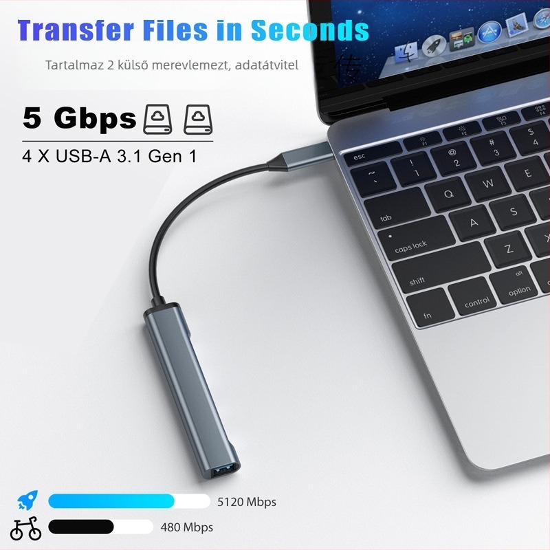 USB 3.0 4-portos hub, tápellátás nélkül, 9 cm kábel, 5 Gbps
