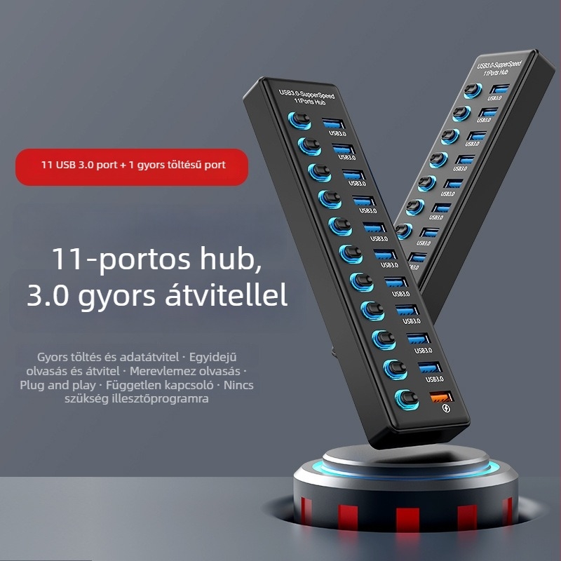 Miyitong 610 10-portos USB hub – USB 3.2 Gen1, 5 Gbps, külső tápegység