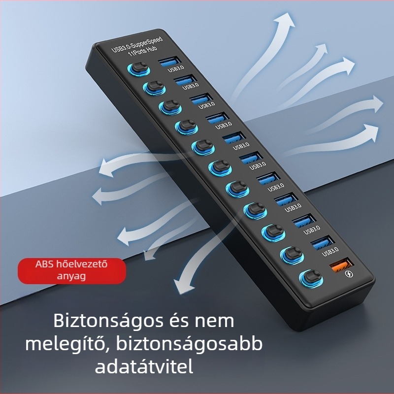 Miyitong 610 10-portos USB hub – USB 3.2 Gen1, 5 Gbps, külső tápegység