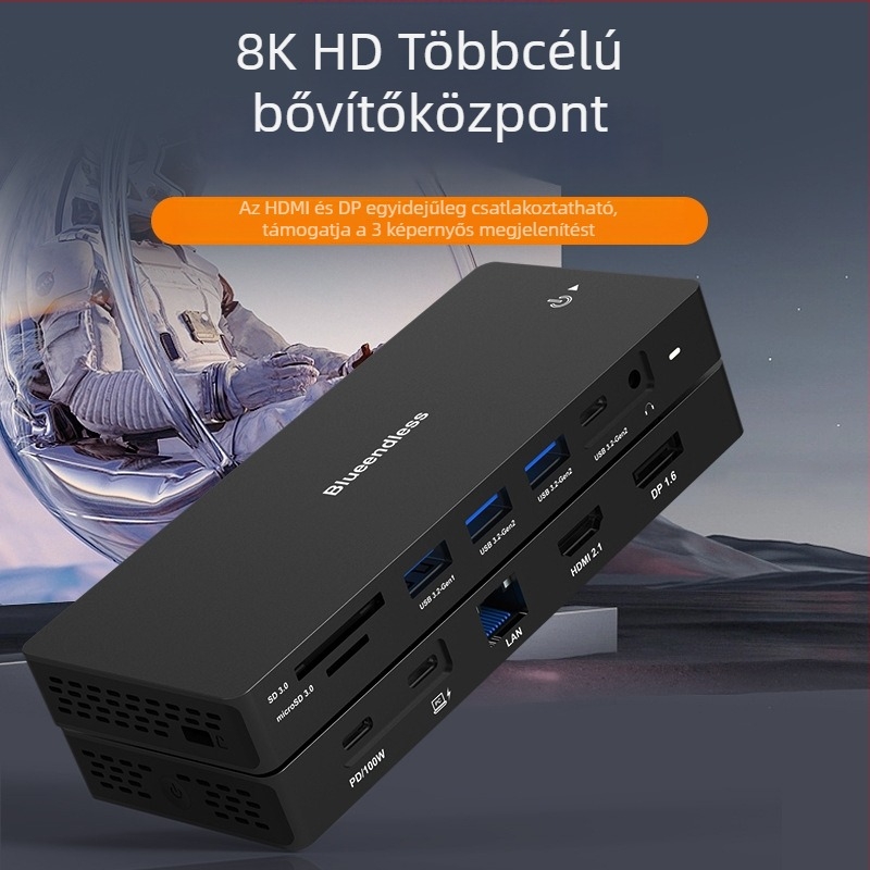 Type-C dokkolóállomás kettős DP+HDMI, többkijelzős 4K60Hz hub, 10Gbps, USB 3.1, 1 m kábel