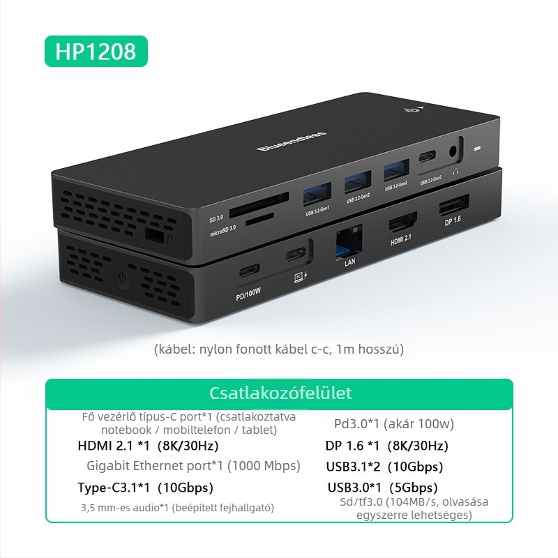 Type-C dokkolóállomás kettős DP+HDMI, többkijelzős 4K60Hz hub, 10Gbps, USB 3.1, 1 m kábel