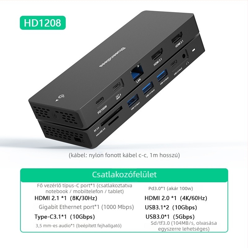 Type-C dokkolóállomás kettős DP+HDMI, többkijelzős 4K60Hz hub, 10Gbps, USB 3.1, 1 m kábel