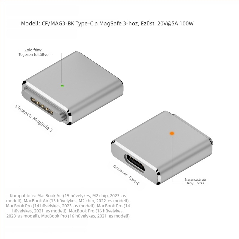 Type-C női csatlakozó MagSafe 3 adapter – 100W PD, MagSafe 3 kompatibilis, OEM