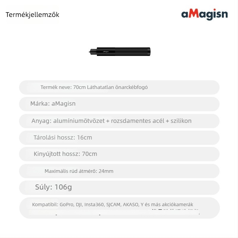 Amagisn Láthatatlan selfie pálca – egyenes húzás design, alumínium ötvözet, kompatibil Insta360 One X2/One RS, GoPro Max és DJI