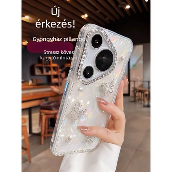 Huawei Pura70 Pro és Pura80 telefonhoz készült pillangó alakú tok gyöngy és rhinestone díszítéssel, Ultra kagyló mintával