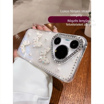 Huawei Pura70 Pro és Pura80 telefonhoz készült pillangó alakú tok gyöngy és rhinestone díszítéssel, Ultra kagyló mintával