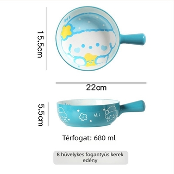 Fogantyús porcelán sütőtál — rajzfilmszerű minta, mikrohullámú sütőben használható, kerek forma, friss és aranyos stílus