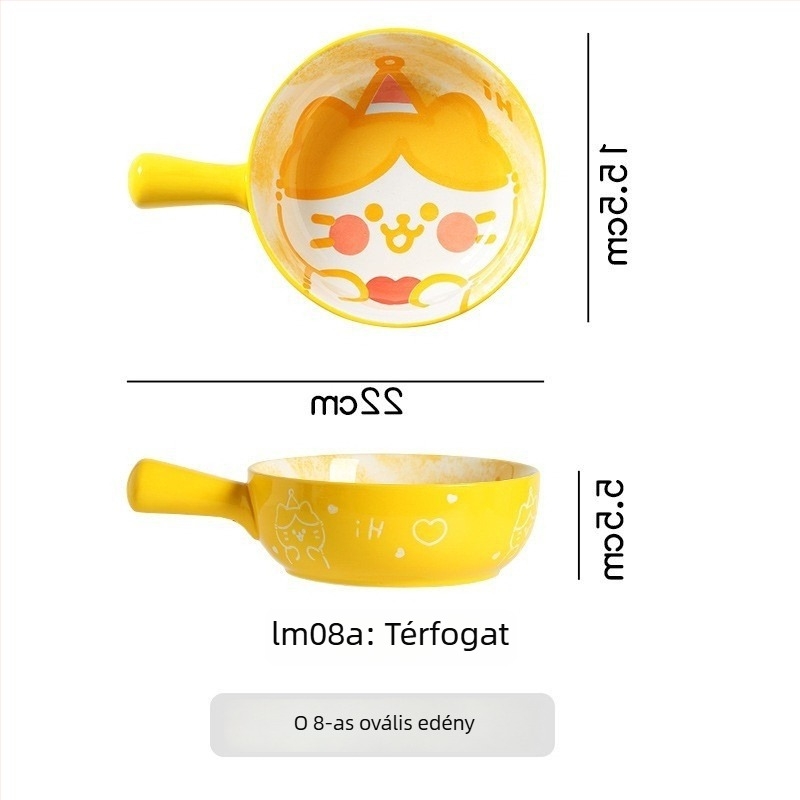 Fogantyús porcelán sütőtál — rajzfilmszerű minta, mikrohullámú sütőben használható, kerek forma, friss és aranyos stílus