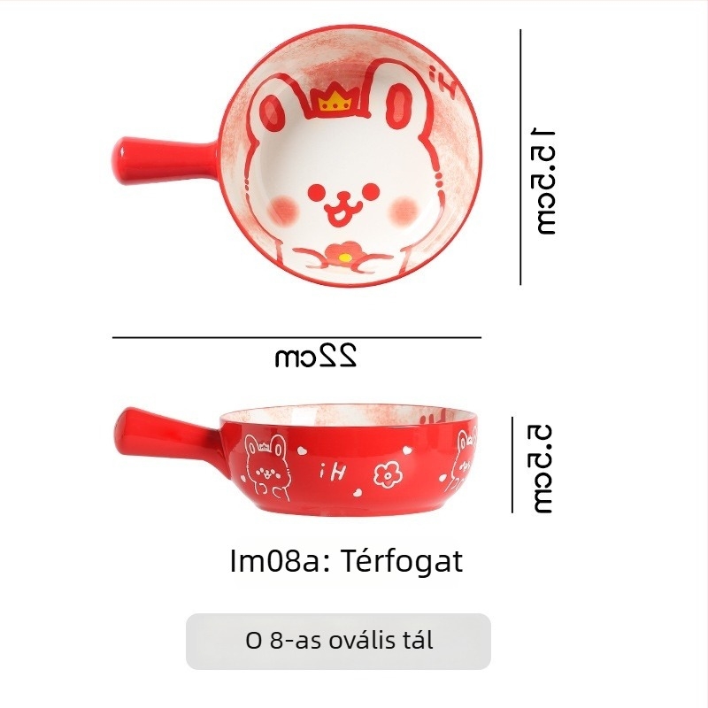 Fogantyús porcelán sütőtál — rajzfilmszerű minta, mikrohullámú sütőben használható, kerek forma, friss és aranyos stílus