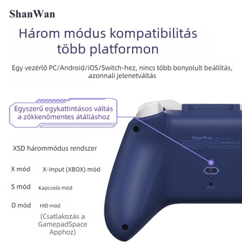 Shanwan Q34B játékkontroller, három mód, kettős Hall joystick, háromfokozatú adaptáció, hat-tengelyes mozgásérzékelés, Bluetooth és Type-C, kompatibil PC, Apple, Android, SWITCH