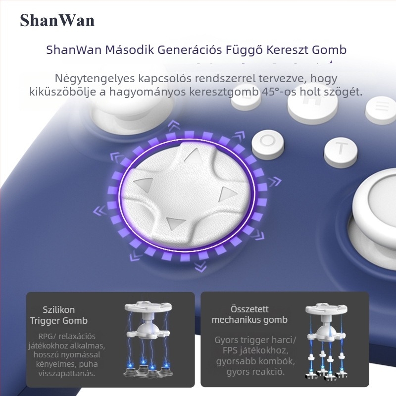 Shanwan Q34B játékkontroller, három mód, kettős Hall joystick, háromfokozatú adaptáció, hat-tengelyes mozgásérzékelés, Bluetooth és Type-C, kompatibil PC, Apple, Android, SWITCH