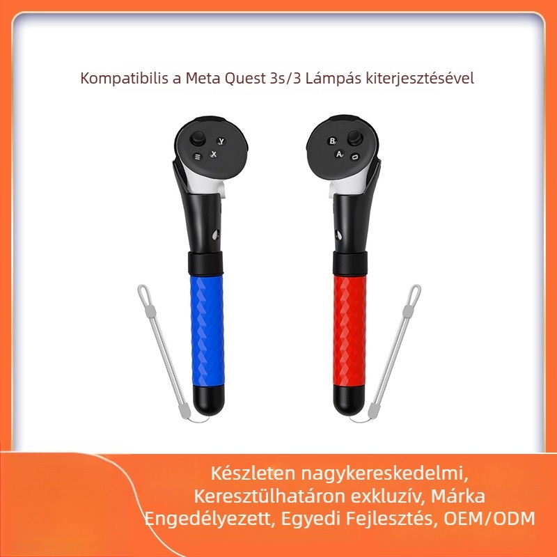 Meta Quest 3-hoz tartozó játékkontroller vezeték nélküli kapcsolattal és USB interfésszel, VR vívókard és golf kiegészítő hosszabbító rúd, műanyag és szilikon anyagú ház, rezgések nélkül