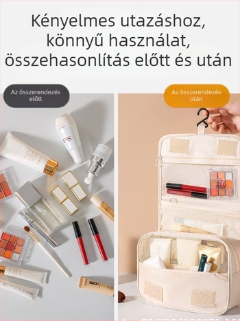 Koreai stílusú nagy kapacitású kozmetikai táska, akasztóval a ecseteknek, száraz–nedves elválasztás, Oxford anyag