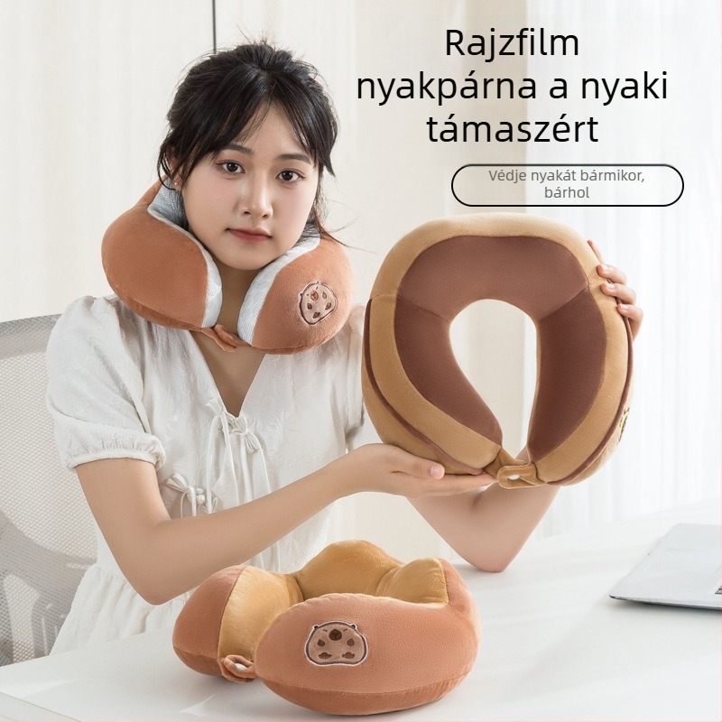 Negy görbés U-alakú nyakpárna irodába és utazáshoz — PP-pamut töltet, puha spandex anyag, rajzfilm-stílus, hordozható utazó nyakpárna